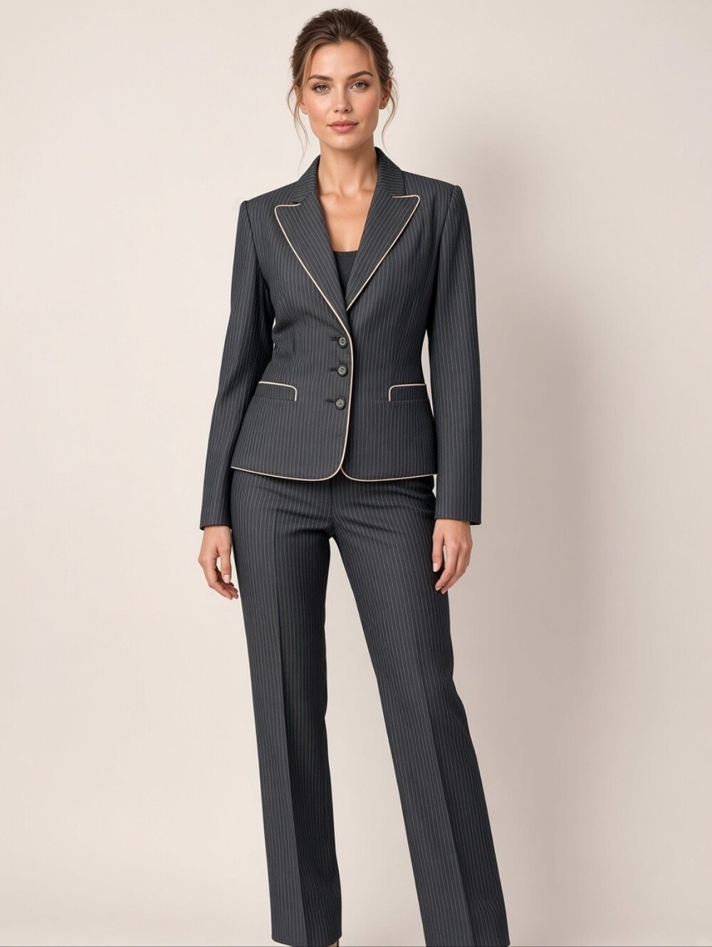 Speak 2 Me Womens Gray Pinstripe 2pc Pant Suit Jacket Pants Lined Size M